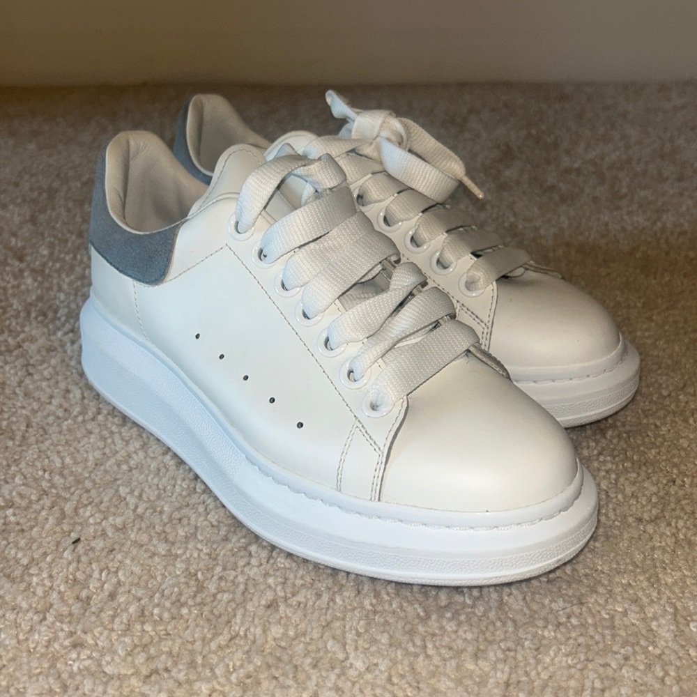 White & baby blue Alexander McQueens. Size 37, gently worn, Fresh shoe strings.
